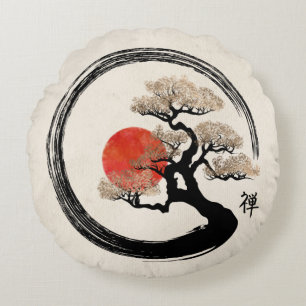 Cojín Redondo Círculo Enso y Árbol Bonsai sobre lienzo