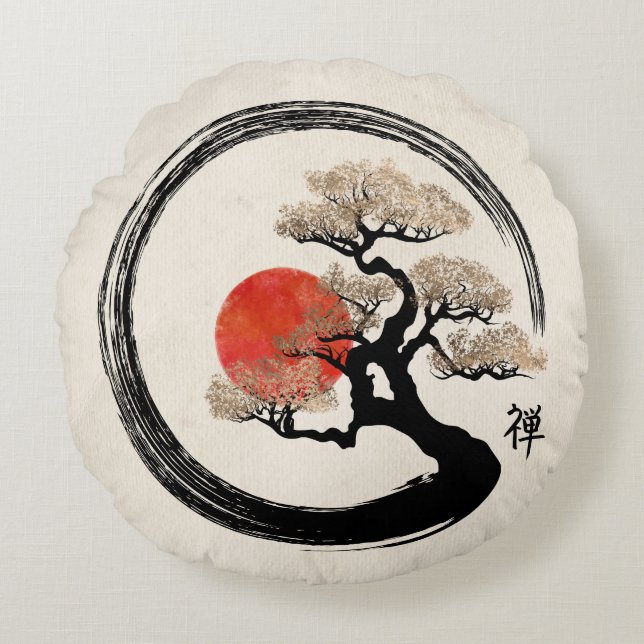Cojín Redondo Círculo Enso y Árbol Bonsai sobre lienzo (Anverso)