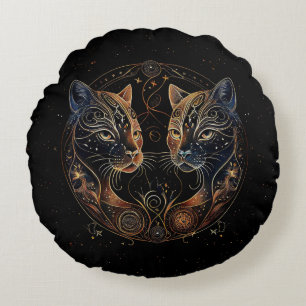 Cojín Redondo Círculo Felino Artístico Gatos Gemelos