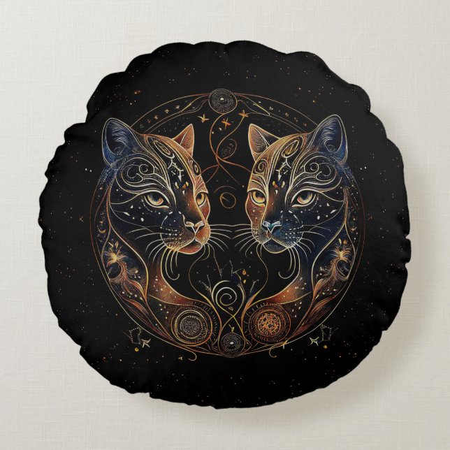 Cojín Redondo Círculo Felino Artístico Gatos Gemelos (Anverso)