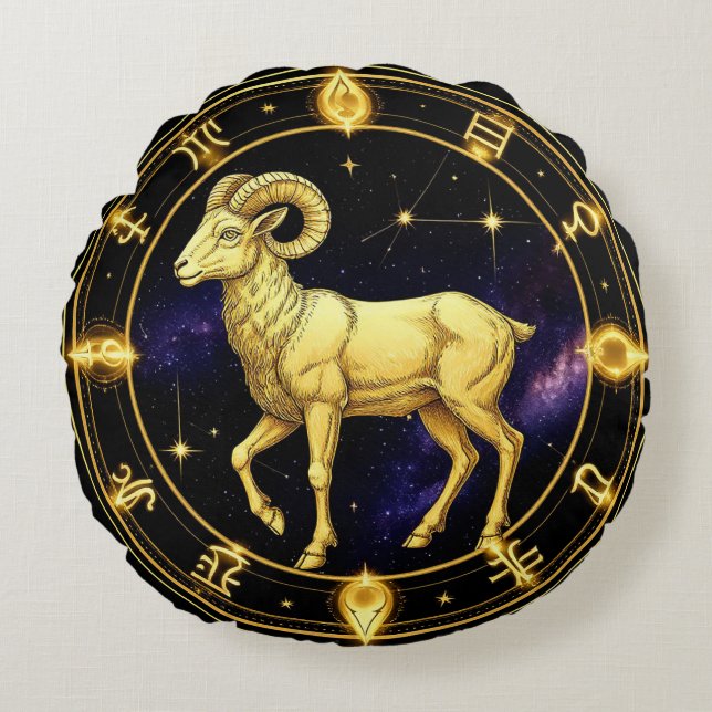 Cojín Redondo Círculo Zodiacal Aries Dorado Con Carnero (Anverso)