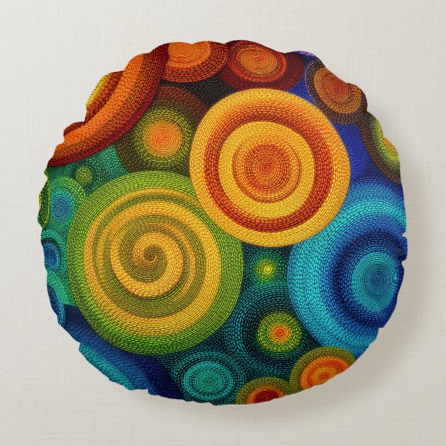 Cojín Redondo Círculos concéntricos abstractos en multicolor vib (Anverso)