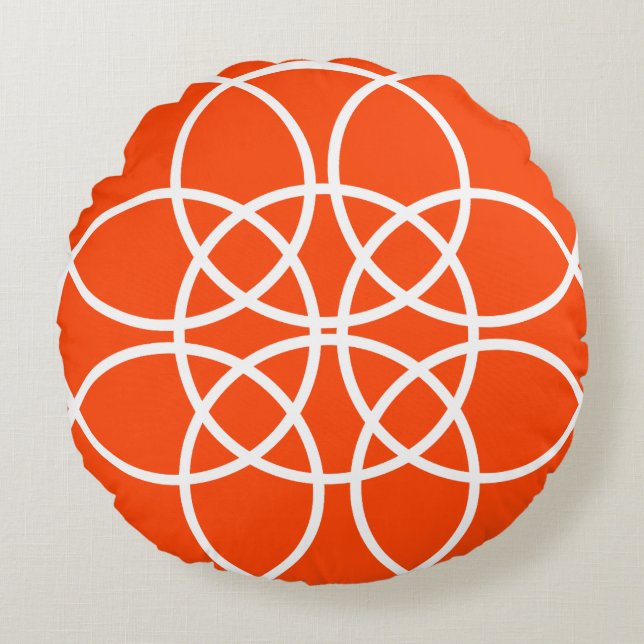 Cojín Redondo Círculos de espiral blanca en Naranja brillante (Anverso)