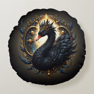 Cojín Redondo Cisne de Obsidiana de Silenciosa Gracia – Fantasía