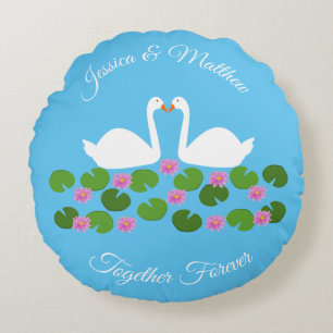 Cojín Redondo Cisnes blancas y nenúfares Bodas Personalizado