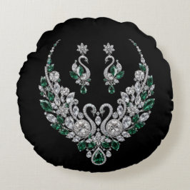 Cojín Redondo Cisnes de Cristal Esmeralda | Joyería de Lujo