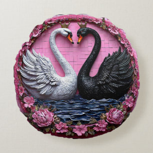 Cojín Redondo Cisnes negros y blancos elegantes con corona