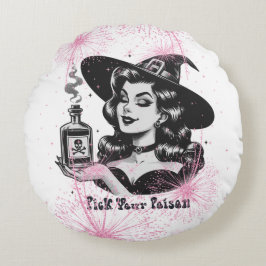 Cojín Redondo Cita "elige tu veneno" rosa y negra