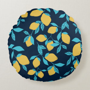 Cojín Redondo Citro simple: limones en azul.
