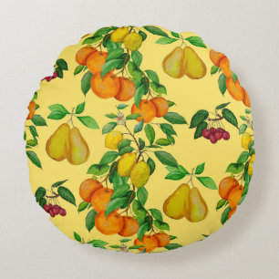 Cojín Redondo Citrus, pera, cereza: acuarela impresa.
