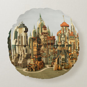 Cojín Redondo Ciudad de fantasía futurista Arte de horizonte de 