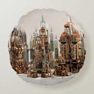 Cojín Redondo Ciudad de fantasía futurista Arte de horizonte de 