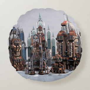 Cojín Redondo Ciudad de fantasía futurista Arte de horizonte de