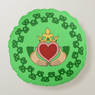Cojín Redondo Claddagh y nudo verde entrelazado