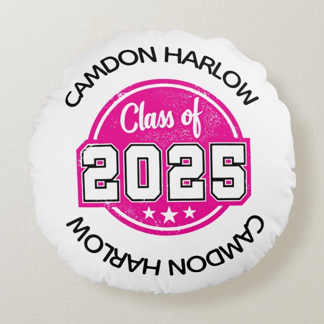 Cojín Redondo Clase de nombre de graduado rosado 2025 (Anverso)