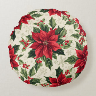 Cojín Redondo Clásica Estrella Roja Verde Navidad Poinsettia Hol
