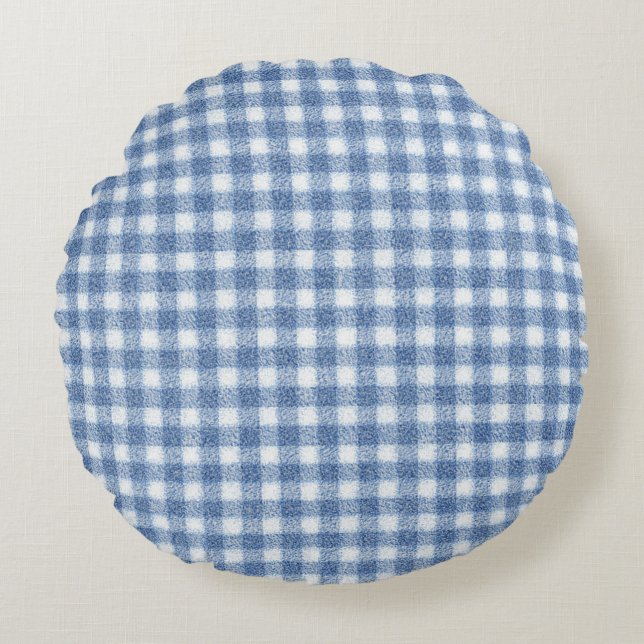Cojín Redondo Clásico Cuadro Gingham Azul y Blanco (Anverso)