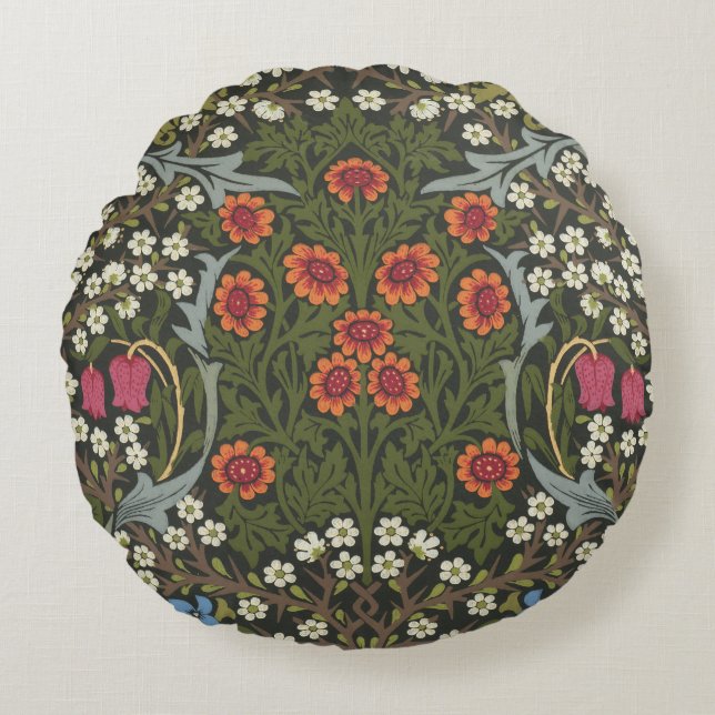 Cojín Redondo Clásico de flores de jardín William Morris Blackth (Anverso)