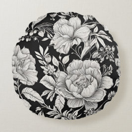 Cojín Redondo Clásico Floral Vintage en Blanco y Negro