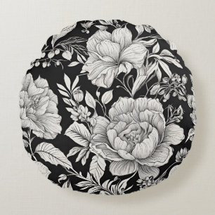 Cojín Redondo Clásico Floral Vintage en Blanco y Negro