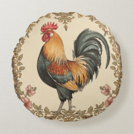 Cojín Redondo Clásico, Gallo, Patrón de Flores, Vintage