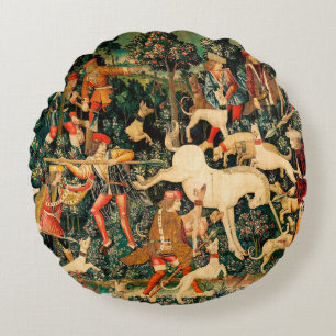Cojín Redondo Clásico medieval de Tapestries de Unicornio defien
