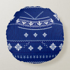Cojín Redondo Clásico Tejido Nórdico de Copo de Nieve Azul Cobal