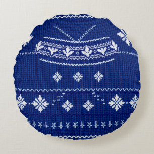 Cojín Redondo Clásico Tejido Nórdico de Copo de Nieve Azul Cobal