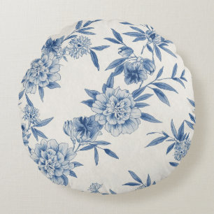 Cojín Redondo Clásico Toile Floral Azul Patrón Acuarela Blanco