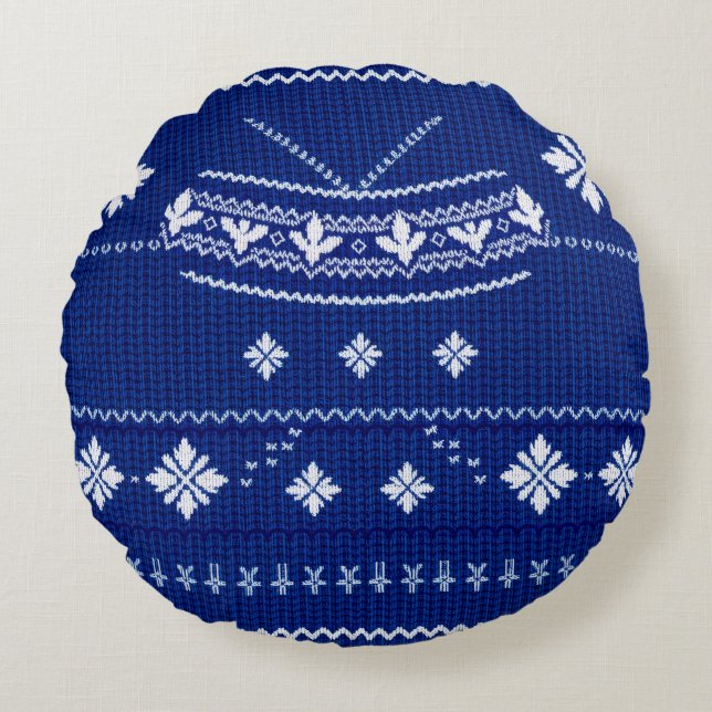 Cojín Redondo Classic Cobalt Blue & White Nordic Snowflake Knitt (Anverso)