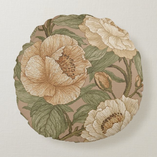 Cojín Redondo Classic,Lovely Flowers Pattern, Sage Gold Bloom (Anverso)