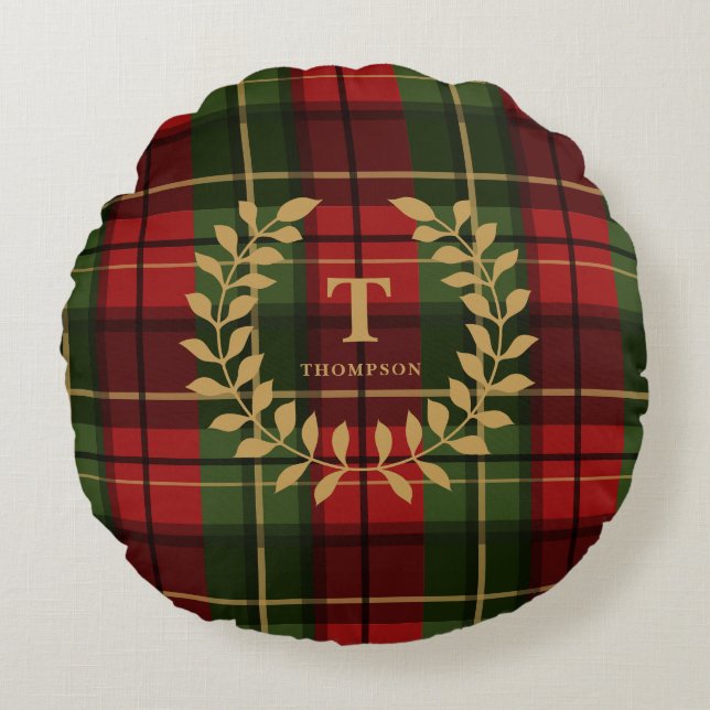 Cojín Redondo Classic Red Christmas Plaid With Monogram Wreath (Anverso)