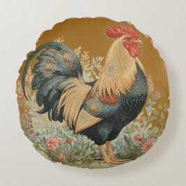 Cojín Redondo Classic, Rooster and Flowers Pattern, Vintage