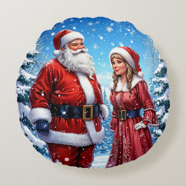 Cojín Redondo Claus festivo y Sra. Claus (Anverso)