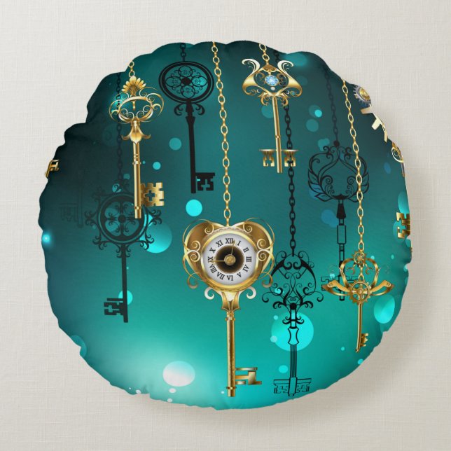 Cojín Redondo Claves de esqueleto antiguas sobre fondo verde (Anverso)