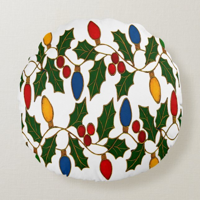 Cojín Redondo Cloisonne Art Christmas Lights and Holly (Anverso)