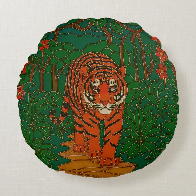 Cojín Redondo Cloisonne Art Tiger on the Jungle Path (Anverso)