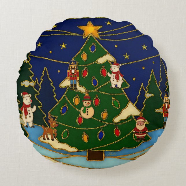 Cojín Redondo Cloisonne Art Whimsical Forest Classic Christmas  (Anverso)
