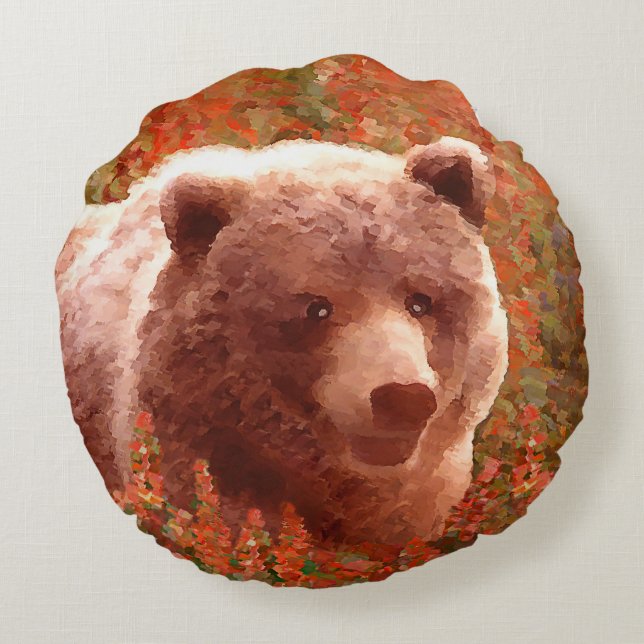 Cojín Redondo Club de oso pardo en pintura de marihuana de fuego (Reverso)