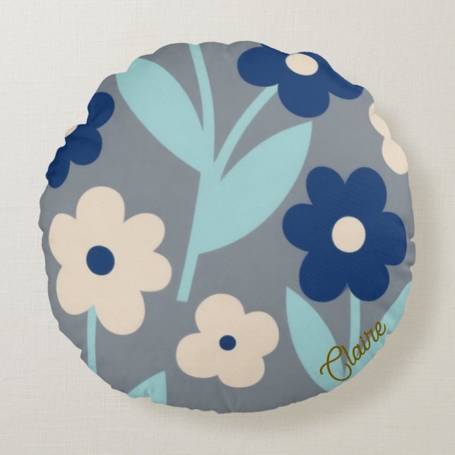 Cojín Redondo Coastal Calm Florals | Indigo & Turquoise pattern (Anverso)