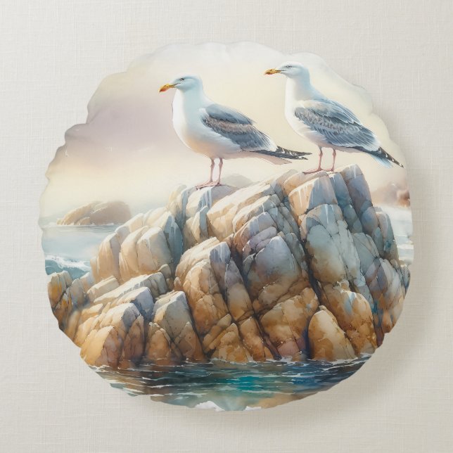 Cojín Redondo Coastal Seagulls Watercolor Seascape (Anverso)