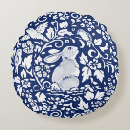 Cojín Redondo Cobalt Blue Rabbit Bird Floral Chinoiserie Dedham