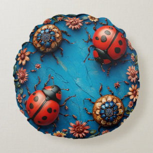 Cojín Redondo Coccinelas y flores coloridas