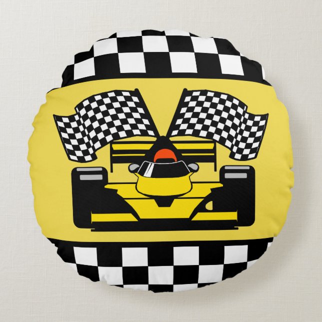 Cojín Redondo Coche de carreras amarillo: Bandera del inspector (Anverso)