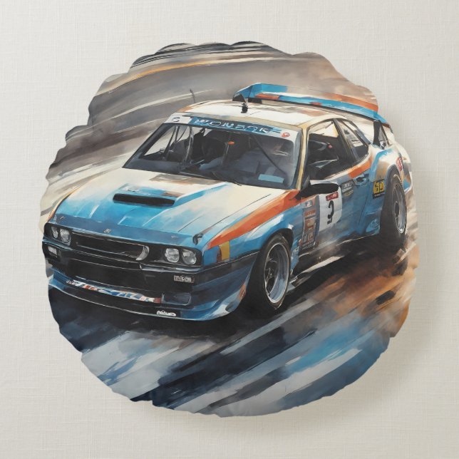Cojín Redondo Coche de Carreras azul deportivo (Anverso)