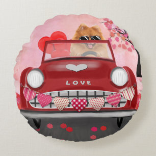 Cojín Redondo Coche de perro pomerania con corazones de San Vale