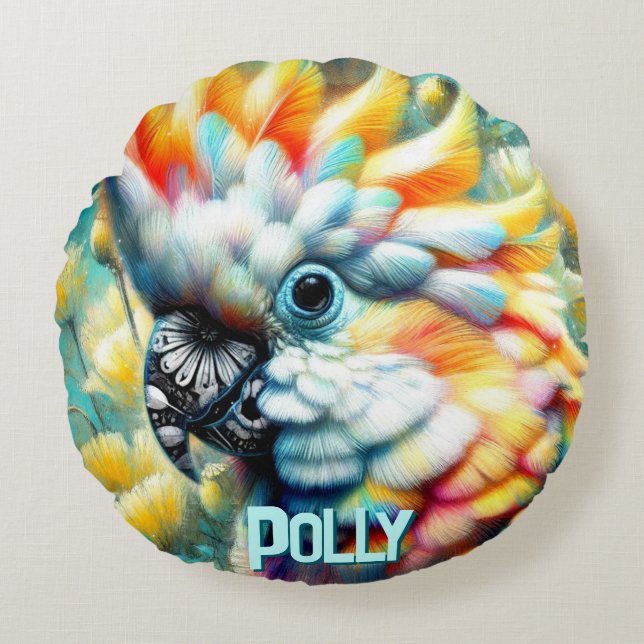 Cojín Redondo Cockatoo Bird Yellow Poppies Personalized (Anverso)
