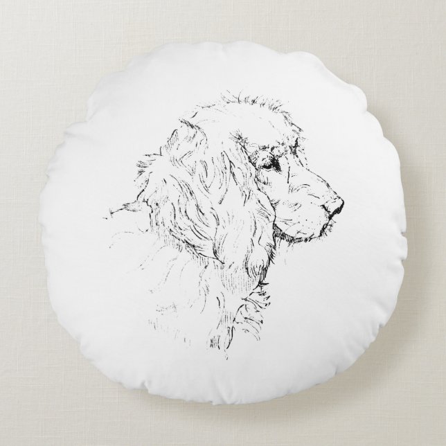 Cojín Redondo Cocker Spaniel – Dibujo de línea de perro minimali (Anverso)