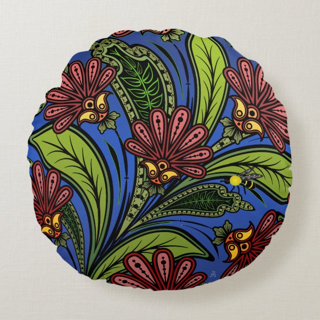 Cojín Redondo Cockscomb y BumbleBee azul vibrante, verde, Rosa (Anverso)