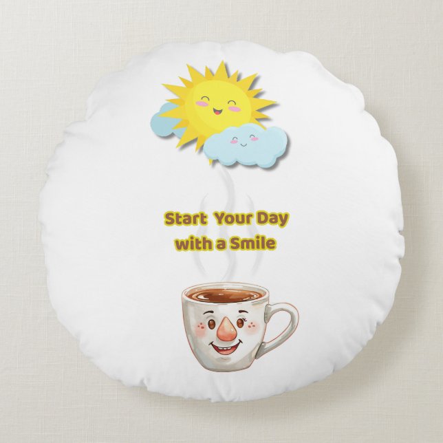 Cojín Redondo Coffee Time – Cute Smiling Cup (Anverso)